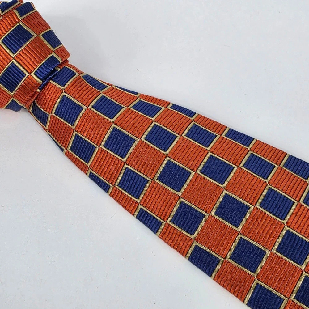 Paul Fredrick‎ Geometric Silk Necktie Mens Orange Blue Check Pattern